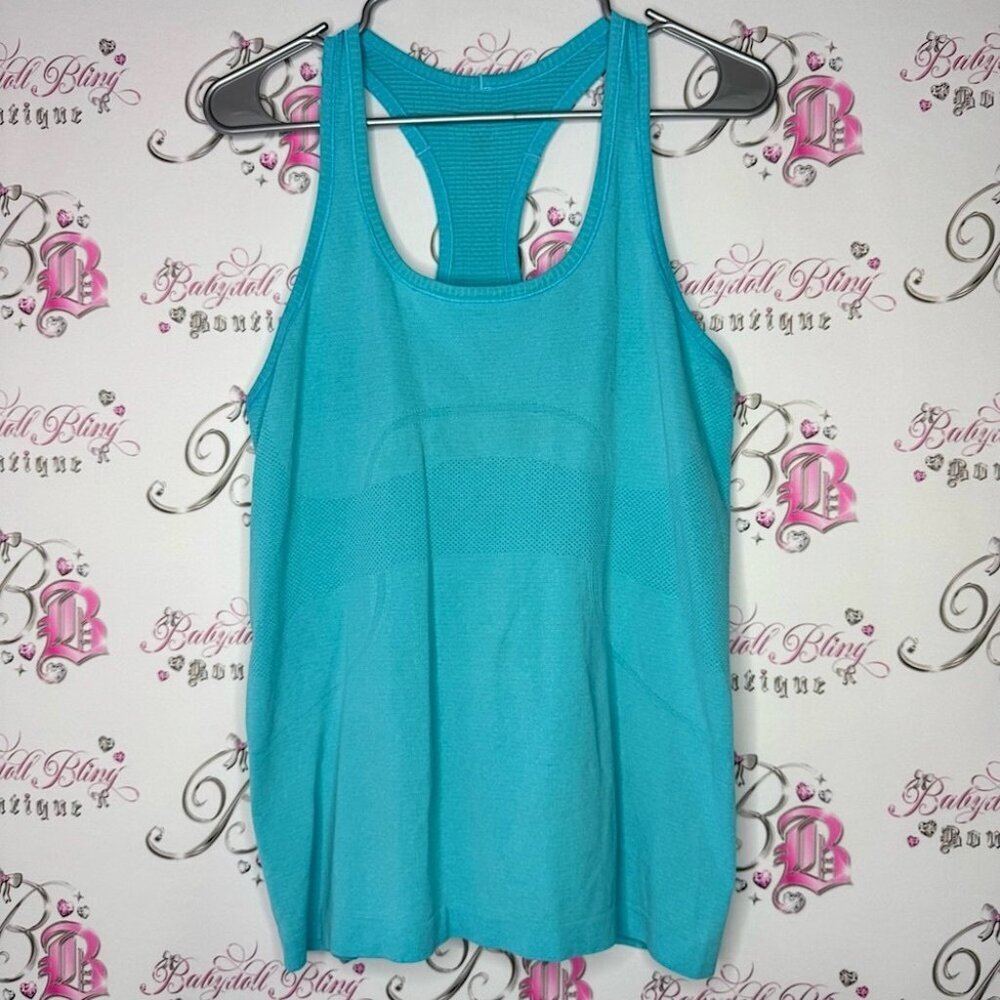 Lululemon shirt stretchy yoga rare racer back logo silver Turquoise Tank Top